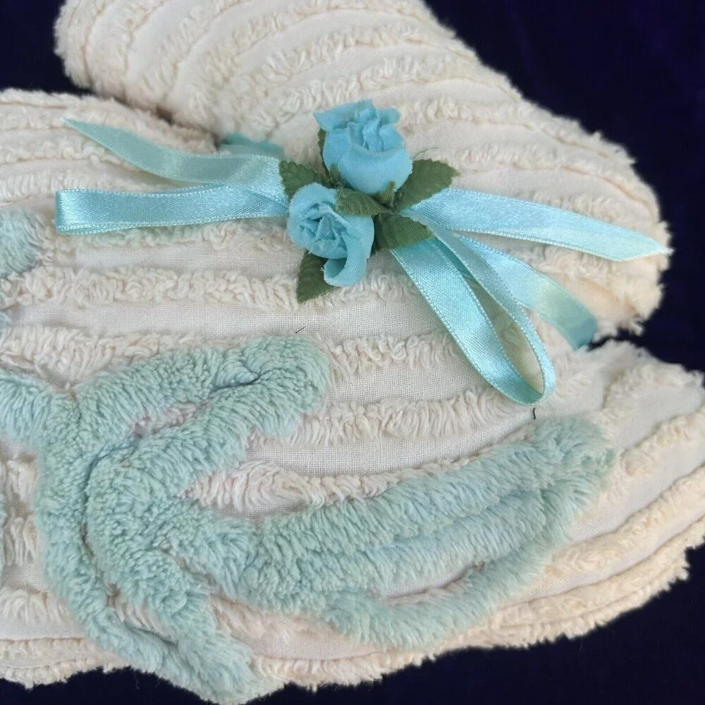 Vintage Chenille Colorful Pastel Handmade Bunny Rabbit Pillow Ribbon Detail